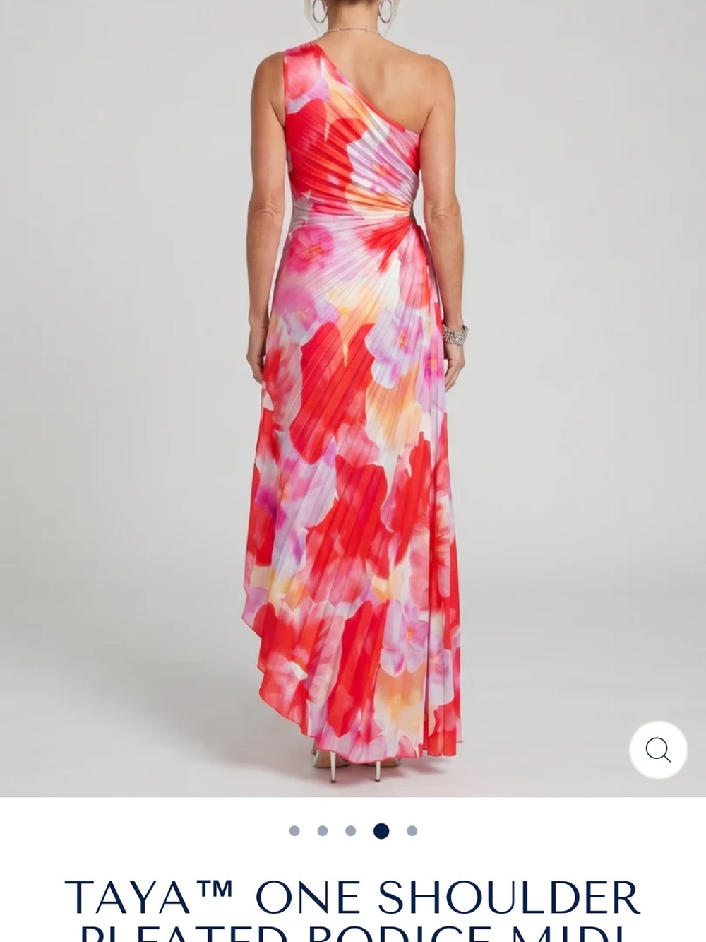 One-Shoulder Pleated Midi Dress in Red Floral